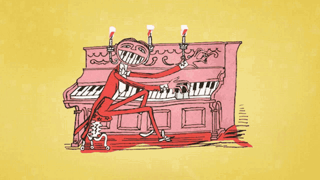a drawing of a man playing a piano with candles on it