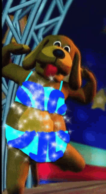 a cartoon dog is wearing a blue bikini top