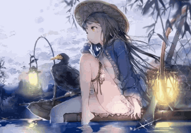 a girl is sitting on a boat with a duck and a lantern