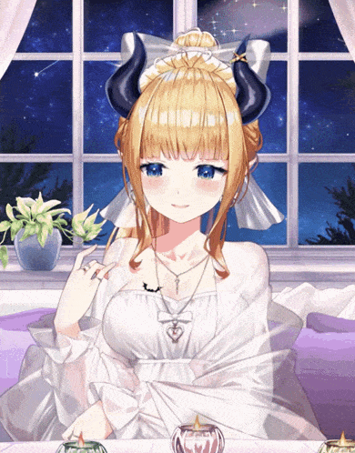 a girl with horns and a bow on her head