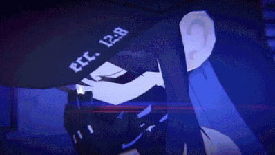 a close up of a cartoon character in a dark room with a blue background .