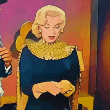 a cartoon of a woman wearing a blue dress and a gold collar