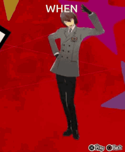 a man in a suit is dancing in front of a red background with the words when written on it