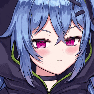 a close up of a blue haired anime character with pink eyes