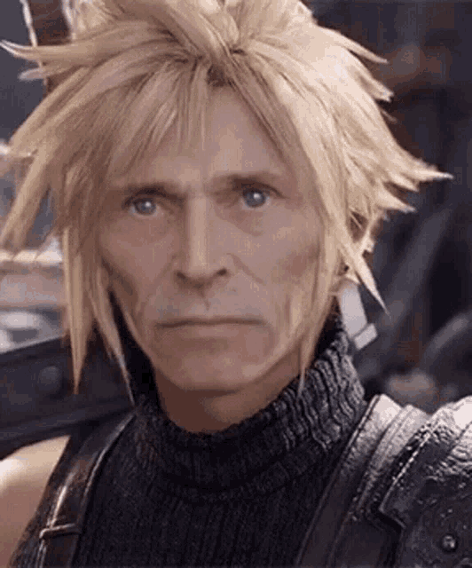 a man with blonde hair and green eyes is wearing a black turtleneck sweater .