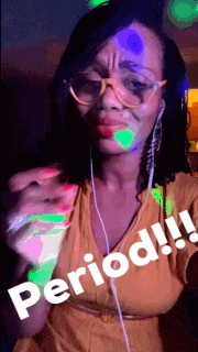a woman wearing glasses and headphones with the word period written below her