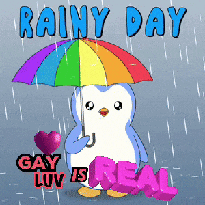 a penguin holding a rainbow colored umbrella says rainy day