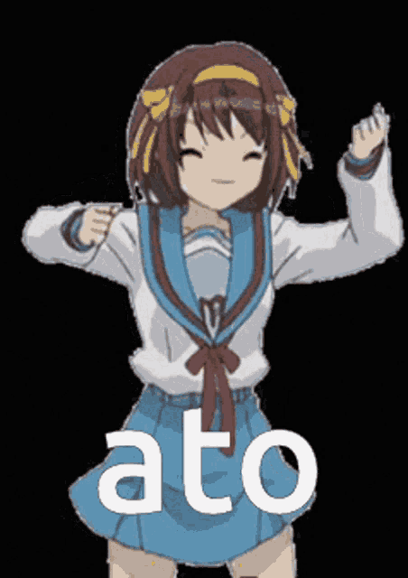 a girl in a school uniform is dancing with the word ato in the corner