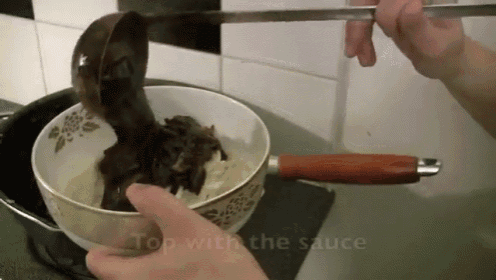 a person is pouring sauce into a bowl with the words top with the sauce visible