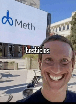 a man is smiling in front of a large meth sign
