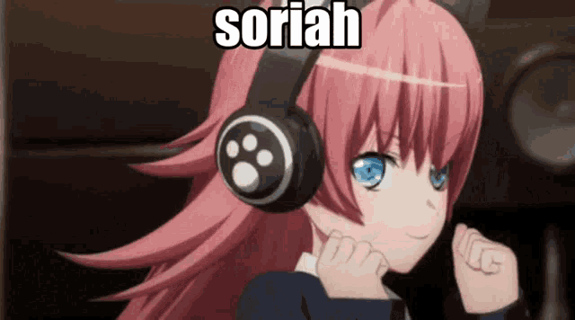 a pink haired anime girl wearing headphones with the name soirah written on the bottom