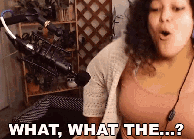 a woman is standing in front of a microphone and saying what , what the ... ?