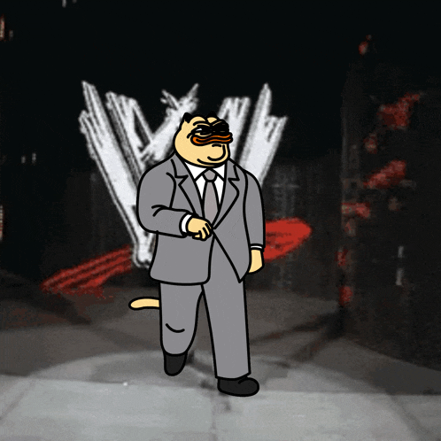 a cartoon of a man in a suit and tie walking in front of a wwe logo