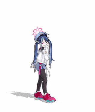 a girl with blue hair and red eyes is wearing a white jacket and a hat