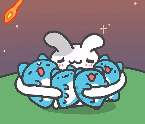 a cartoon of a bunny surrounded by blue cats