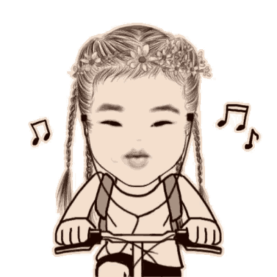 a cartoon of a girl riding a bike with headphones on .