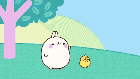 a cartoon rabbit standing next to a small yellow chick with the letter s on its head