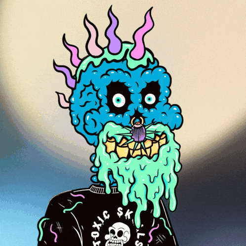 a cartoon drawing of a man with a beard and a shirt that says toxic s.k.