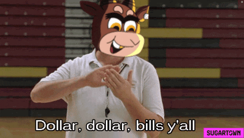 a man wearing a cow mask says dollar dollar bills y 'all