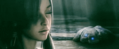 a close up of a woman 's face with her eyes closed in a video game .