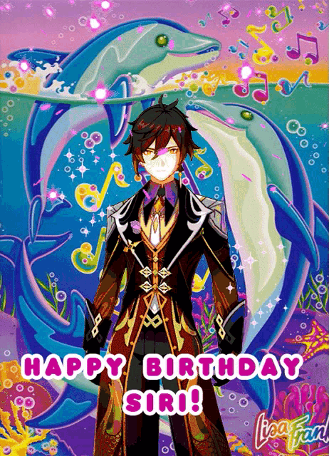a happy birthday siri greeting card with a dolphin in the background