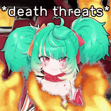 a picture of a girl with green hair and the words death threats