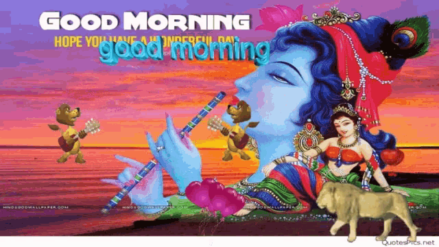 a cartoon of a woman playing a flute with the words good morning hope you have a wonderful day below her