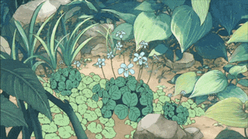 a painting of flowers and leaves in a jungle