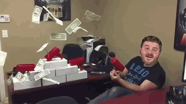 a man wearing an aero new york shirt is sitting in front of a desk with money flying around him
