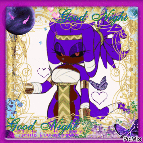 a picture of a purple cartoon character with the words good night written on it