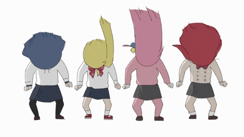 a cartoon drawing of a group of girls with their heads in the air