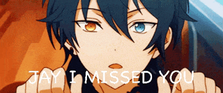 a close up of a anime character with the words jay i missed you