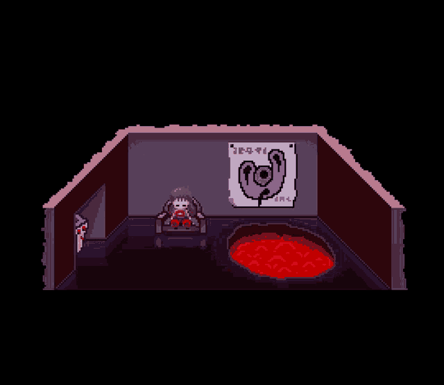 a pixel art drawing of a room with a poster on the wall that says " i-e-o-t-i "