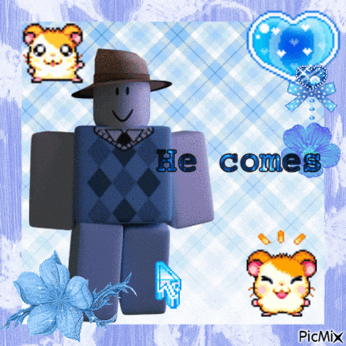a picture of a roblox character with the words he comes on the bottom