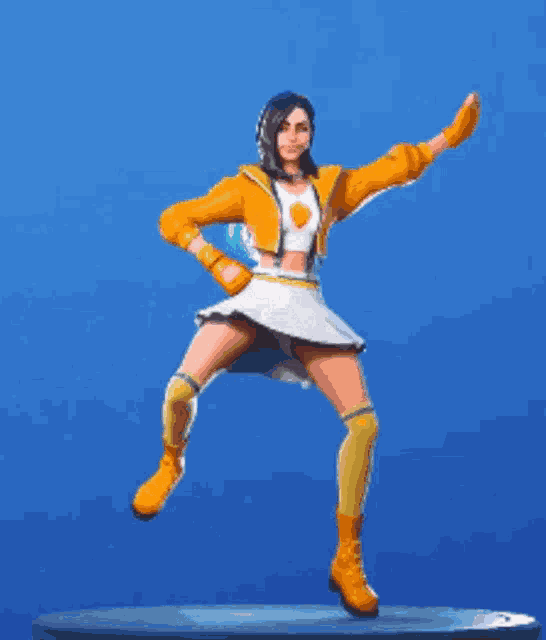 a woman in a yellow jacket and white skirt is dancing .