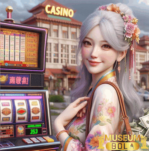 a woman is standing in front of a slot machine that says casino