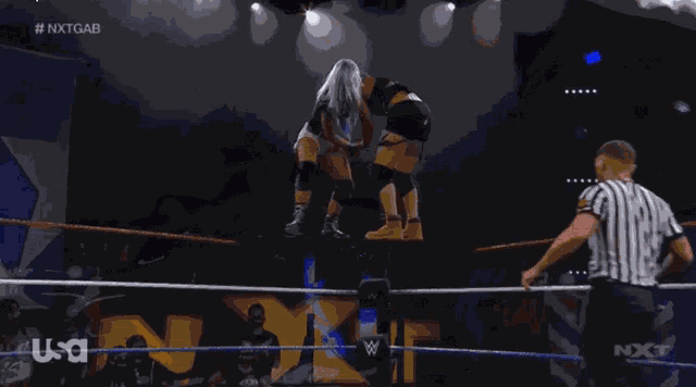 two wrestlers in a wrestling ring with the word nxt on the wall