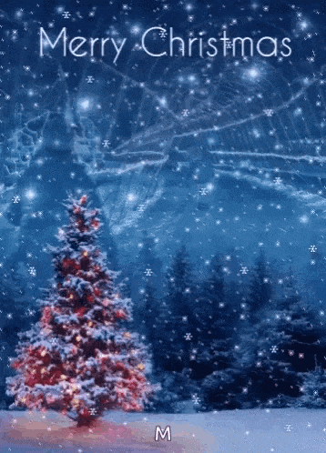 a merry christmas greeting card with a christmas tree in the snow .