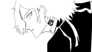 a black and white drawing of a boy with a sword