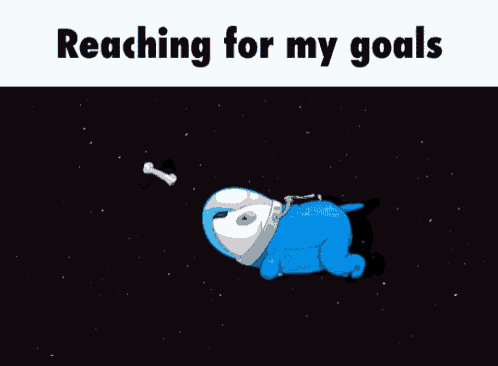 a cartoon of a dog flying through space with the words reaching for my goals below it