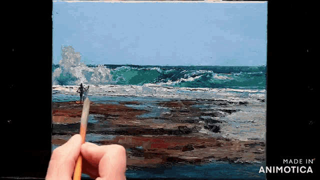 a person is painting a picture of the ocean with the words made in animotica on the bottom right