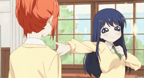 two anime girls are standing next to each other and one is pointing at the other 's arm