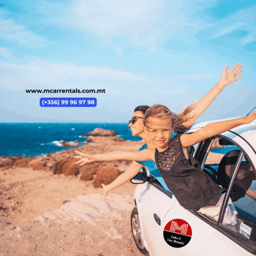a woman and a child in a car with the website www.mcrentals.com.mt