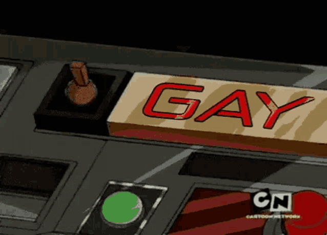 a cartoon of a button with the word gay on it .
