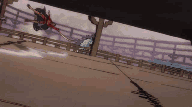 a cartoon character is flying through the air while holding a long sword