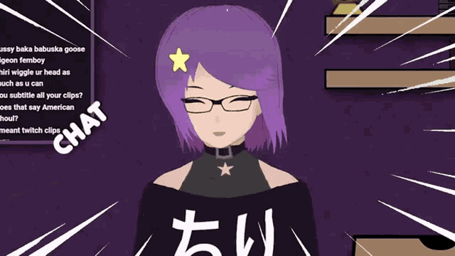 a girl with purple hair and glasses has a star on her head and the word chat is above her