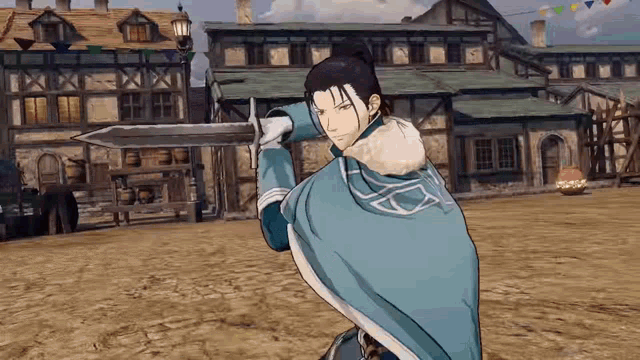 a man in a blue cape is holding a sword in front of a building in a video game .