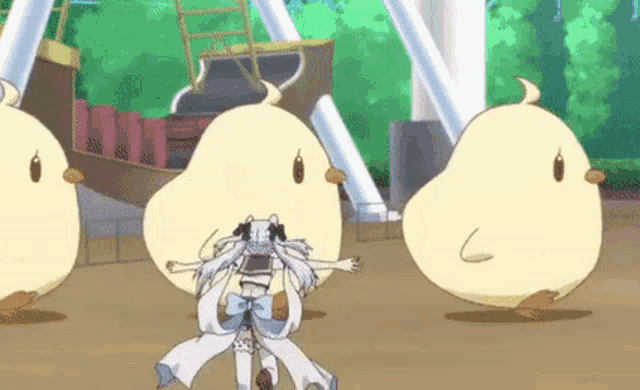 a cartoon girl is surrounded by three chickens .