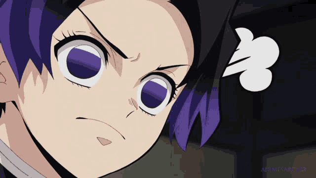 a close up of a girl with purple hair and the words animesarcady