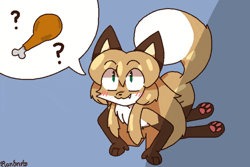 a drawing of a cat with a question mark and a chicken leg in a speech bubble